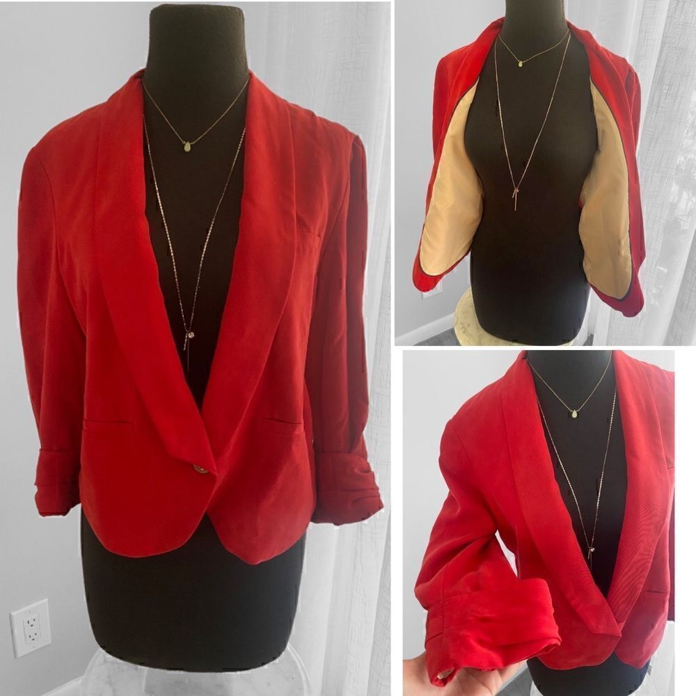 ANTHROPOLOGIE, Cartonnier Miette Red Tencel Single Button Blazer Jacket, 4